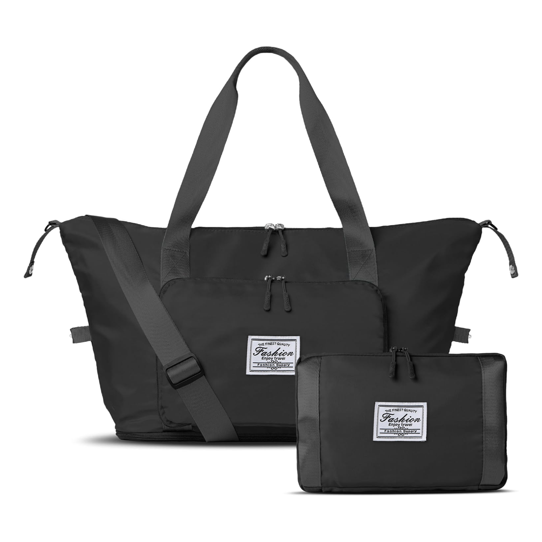 Black foldable travel bag with shoulder strap and compact pouch, labeled &#x27;Bupsie&#x27;.